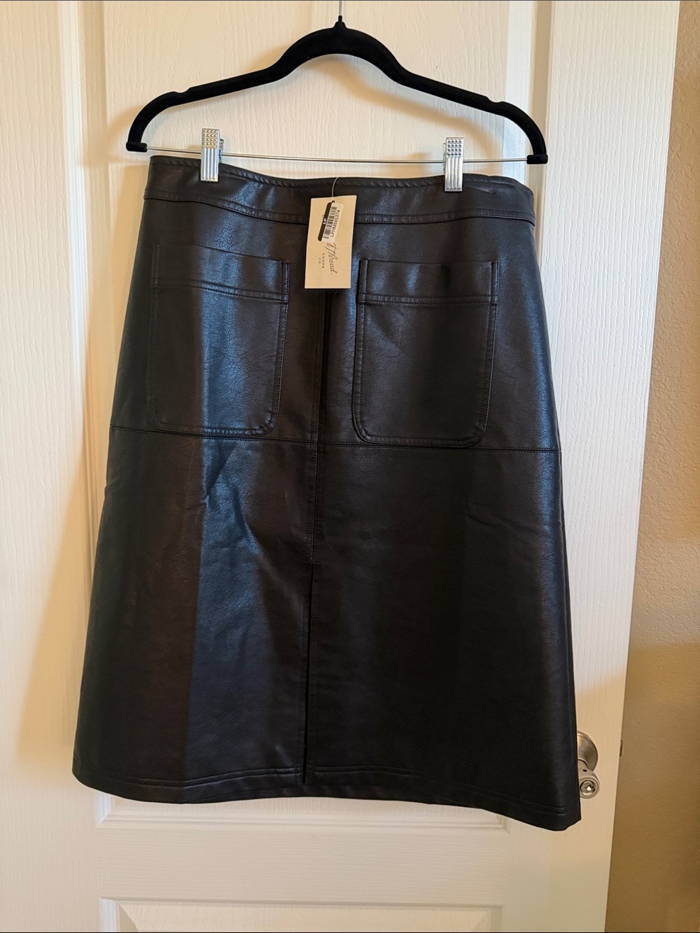 Universal Thread Black Faux Leather A-Line Skirt with Patch Pockets